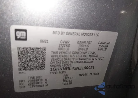 2022 GMC Acadia Awd Sle из США, поврежденный, VIN 1GKKNRL42NZ100931